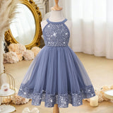 Girls Blue Sequin Embellished Sleeveless Fit & Flare Dress