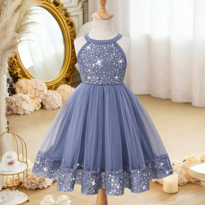 Girls Blue Sequin Embellished Sleeveless Fit & Flare Dress Casual Dresses Blue 3-4 Y