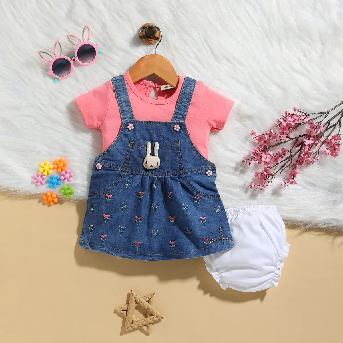 Girls Pink Embroidered Denim Dungaree With T-Shirt & Diaper Cover Sets 3 pc. Sets Pink 0-3 M