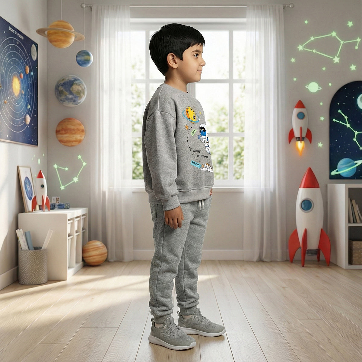Boys Grey Space Graphics Round Neck Sweatshirt With Joggers Sets 2 pc. Sets