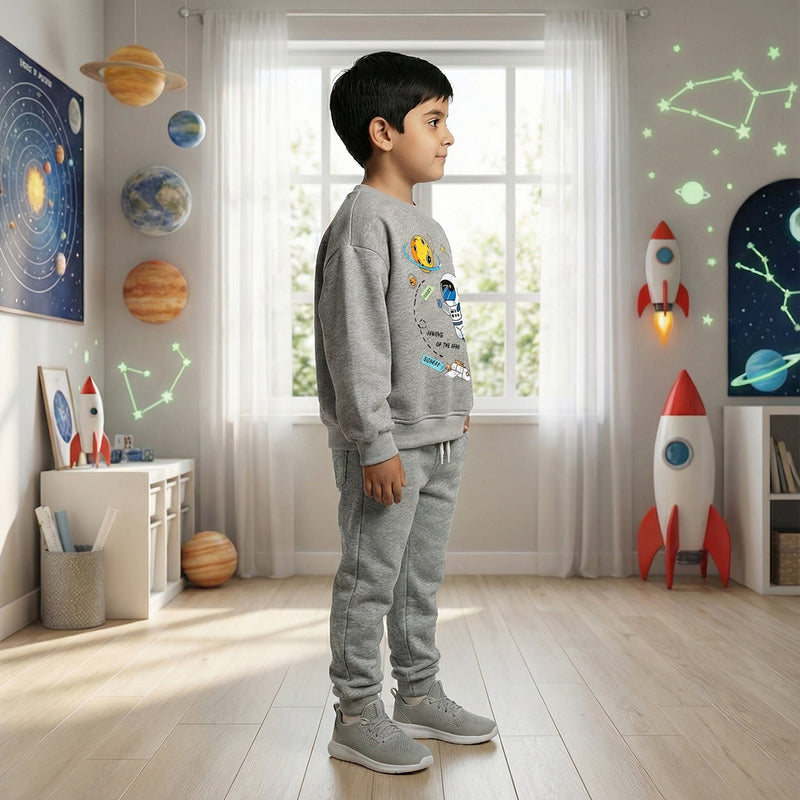 Boys Grey Space Graphics Round Neck Sweatshirt With Joggers Sets 2 pc. Sets