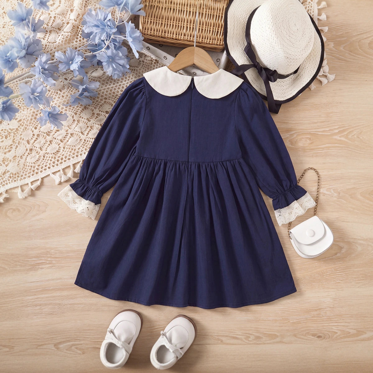 Girls Navy Blue Bunny Embroidered Peter Pan Collar Dress Casual Dresses