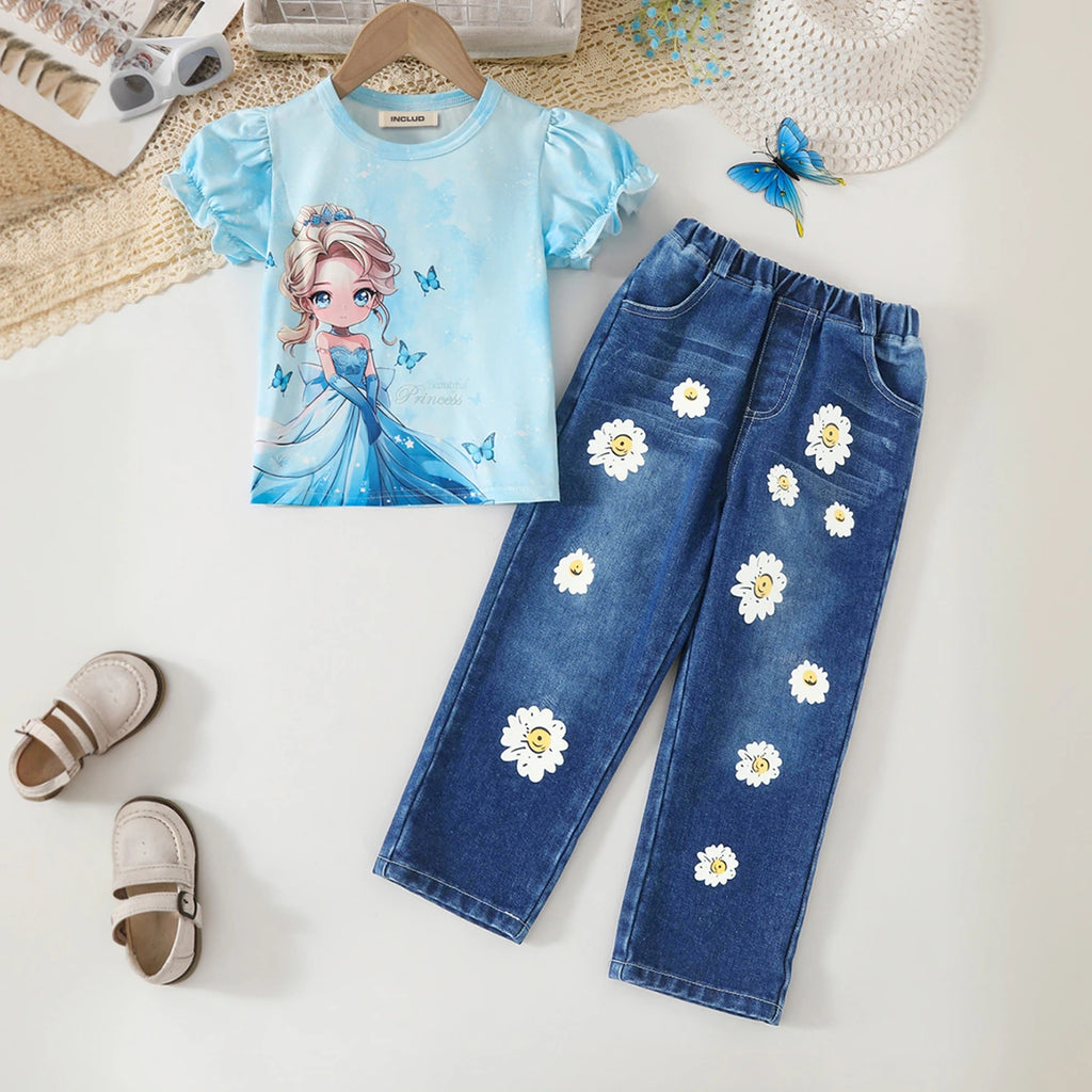 Girls Sky Blue Graphics Top With Floral Printed Denim Pants Set Sets Sky Blue 3-4 Y