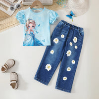 Girls Sky Blue Graphics Top With Floral Printed Denim Pants Set Sets Sky Blue 3-4 Y