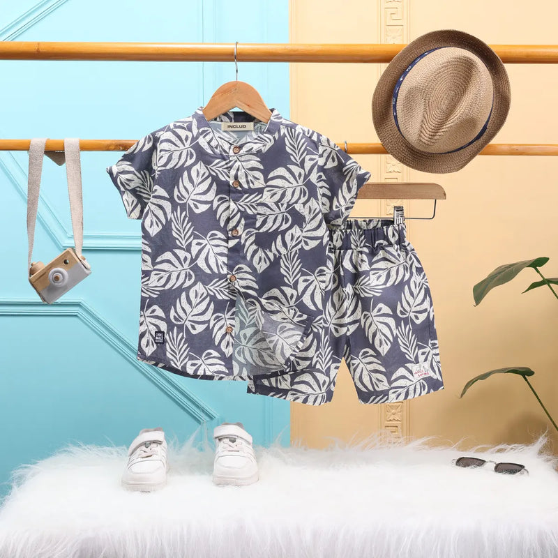 Boys Grey Leaf Printed Short Sleeve Shirt With Elasticated Shorts Sets 2 pc. Sets Grey 3-4 Y