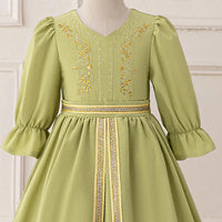 Girls Green Embroidered Fit & Flare Maxi Dress With Puff Sleeves Casual Dresses
