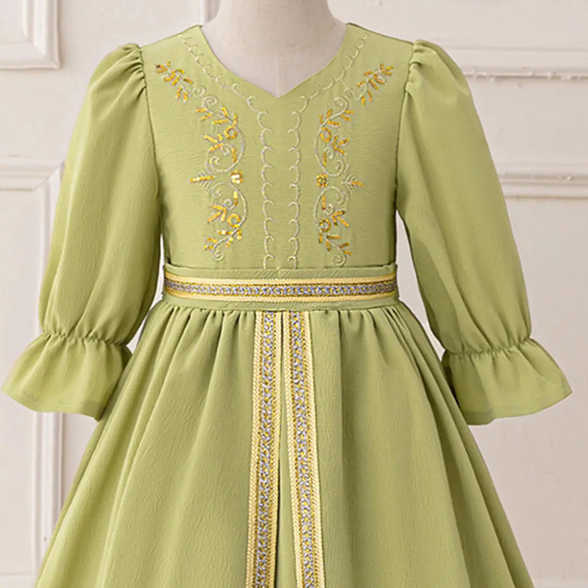 Girls Green Embroidered Fit & Flare Maxi Dress With Puff Sleeves Casual Dresses