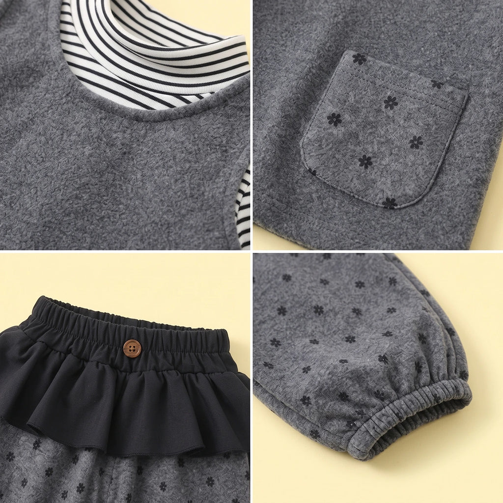 Girls Grey Printed Vest & Pants With Striped T-Shirt Sets Sets