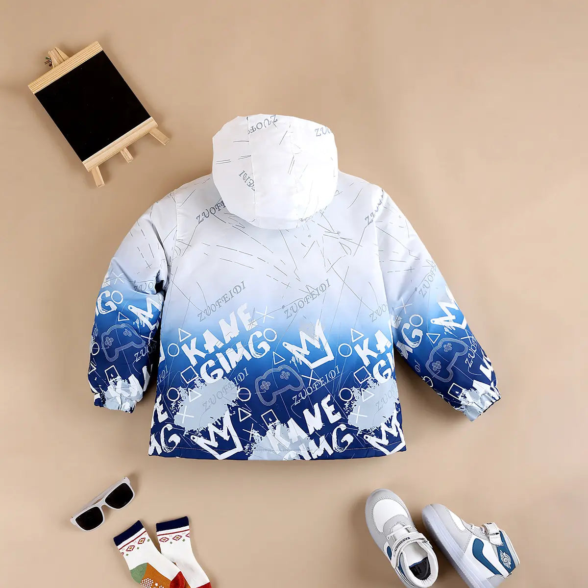 Boys Blue Ombre Printed Hooded Zipper Jacket Coats & Jackets