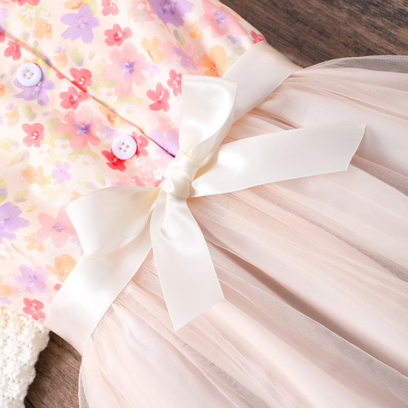 Girls Pink Floral Printed Flared Sleeve Shirt Dress With Belt Casual Dresses