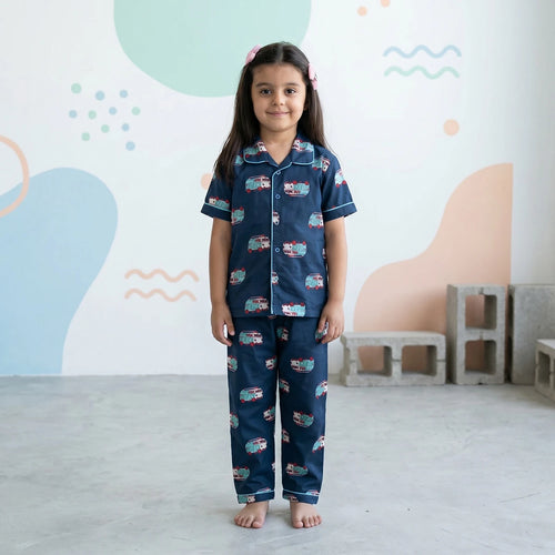 Girls Navy Blue Car Printed Short Sleeve Shirt With Printed Pyjama Sets Sets Navy Blue 6-9 M