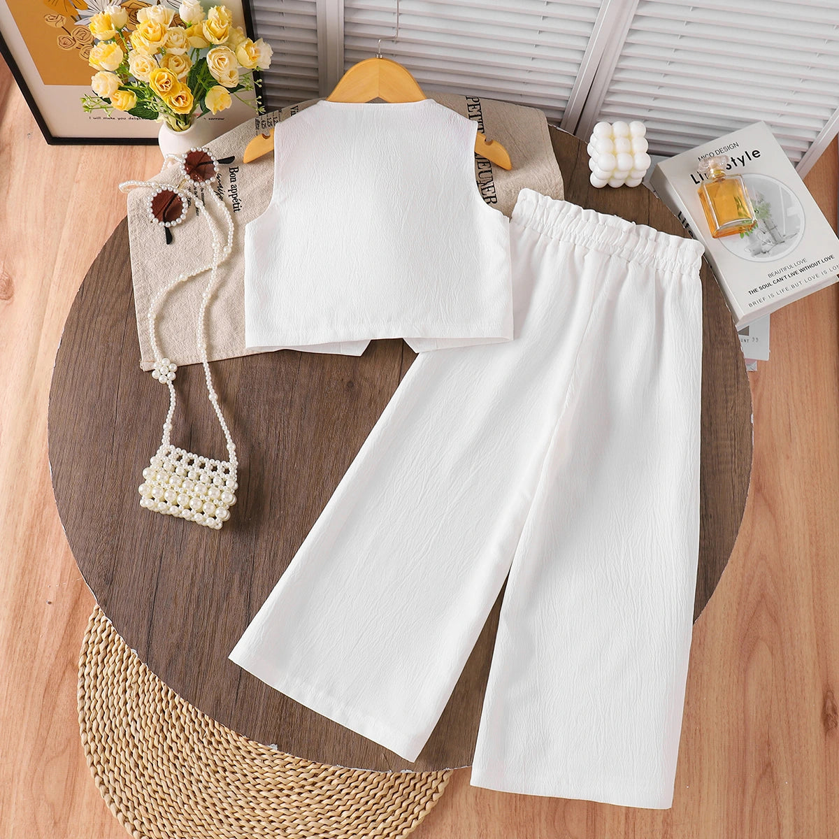 Girls White Rose Applique Sleeveless Top With Wide Leg Pants Sets 2 pc. Sets