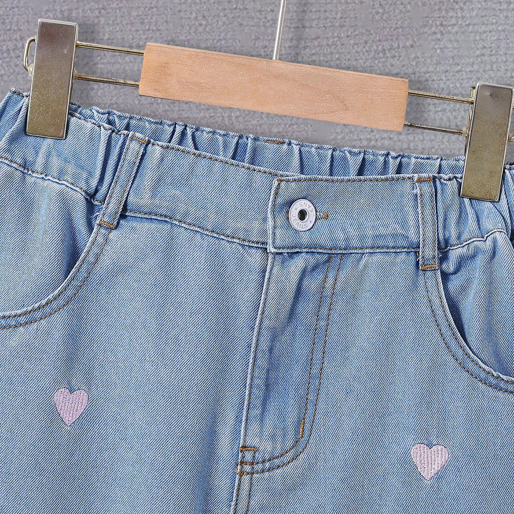 Girls Light Blue Heart Embroidered Denim Pants Jeans