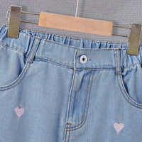 Girls Light Blue Heart Embroidered Denim Pants Jeans