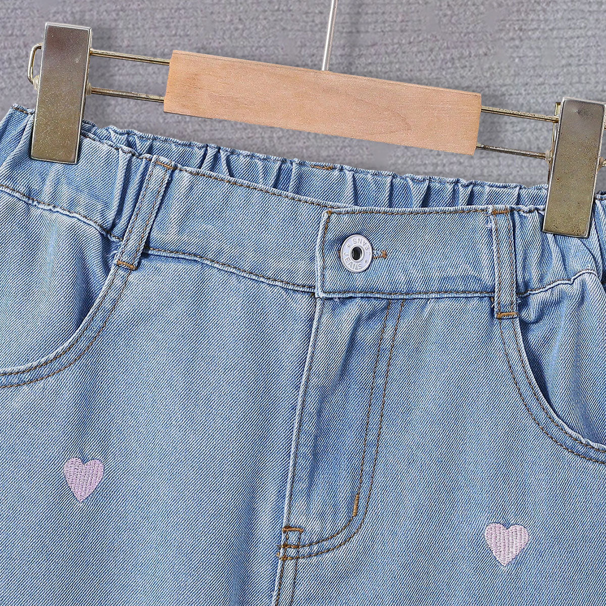 Girls Light Blue Heart Embroidered Denim Pants Jeans