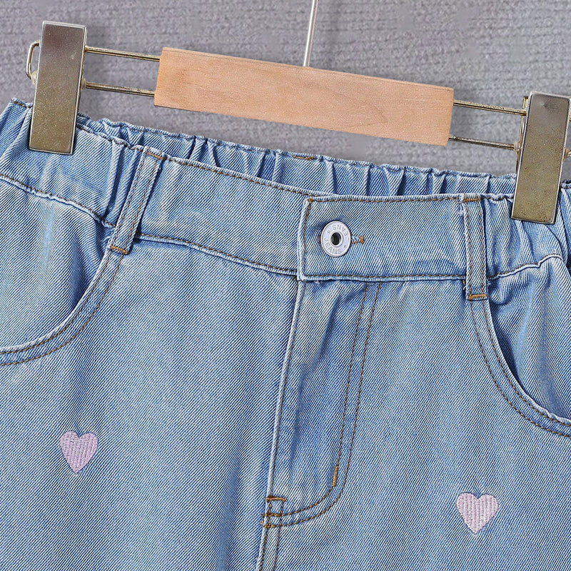 Girls Light Blue Heart Embroidered Denim Pants Jeans