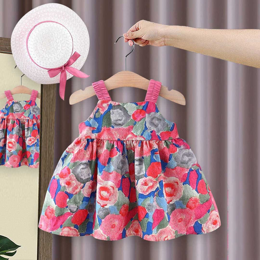 Girls Sleeveless Floral Printed Dress With Bow Casual Dresses Red 1-2 Y 