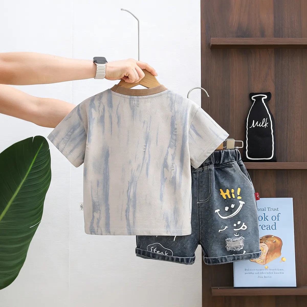 Boys Light Grey Short Sleeves T-Shirt With Printed Denim Shorts Set Sets