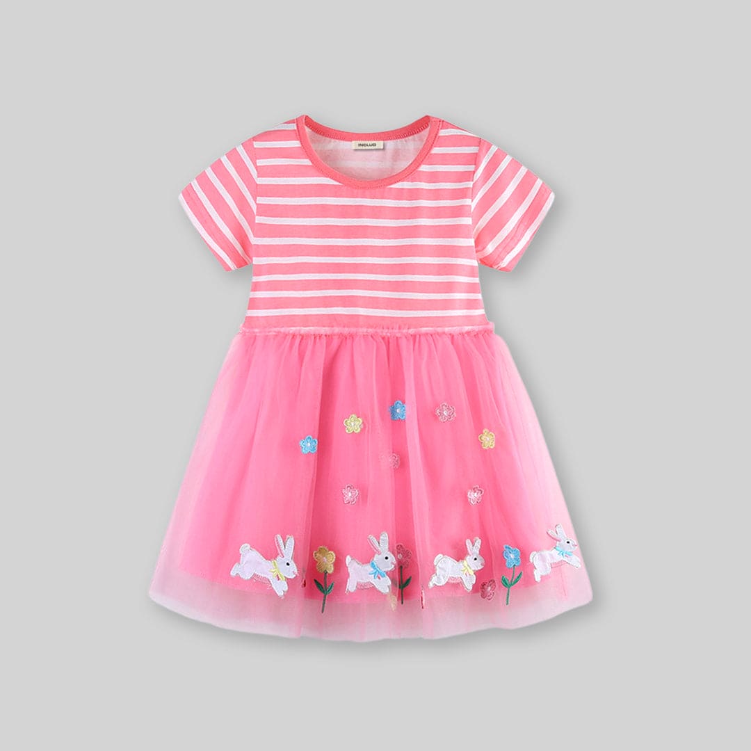 Girls Striped Cartoon Embroidery Dress Casual Dresses   