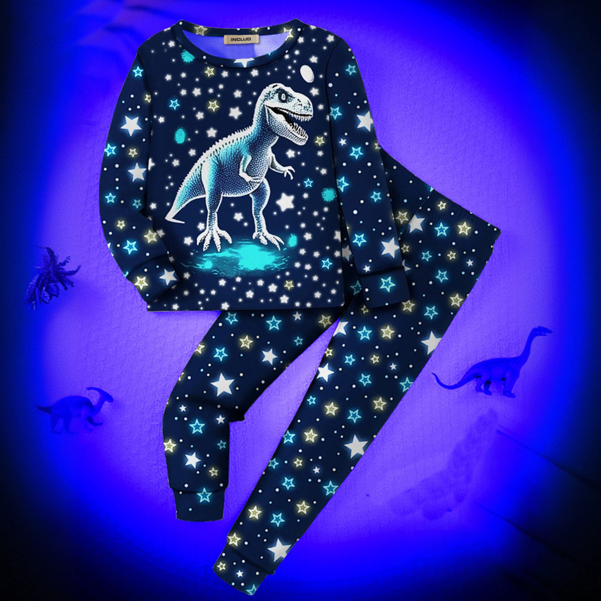 Boys Black Dinosaur Printed Glow in the Dark T-Shirt & Pajama Winter Set 2 pc. Sets