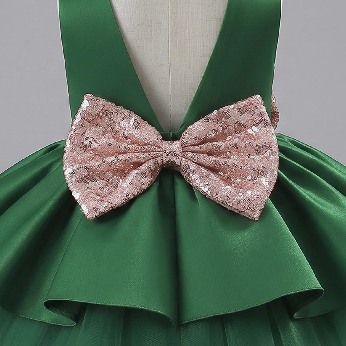 Girls Dark Green Flared Party Wear Dress With Sequin Bow Party Dresses