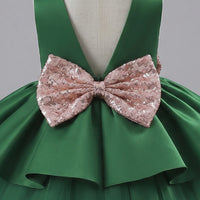 Girls Dark Green Flared Party Wear Dress With Sequin Bow Party Dresses