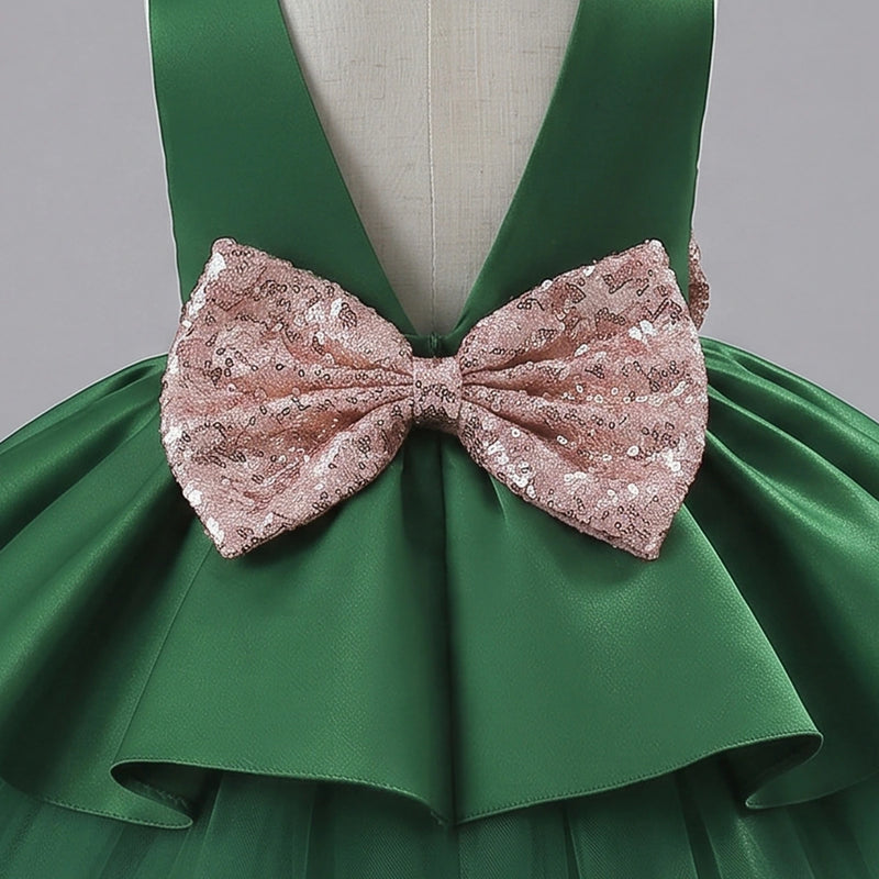 Girls Dark Green Flared Party Wear Dress With Sequin Bow Party Dresses