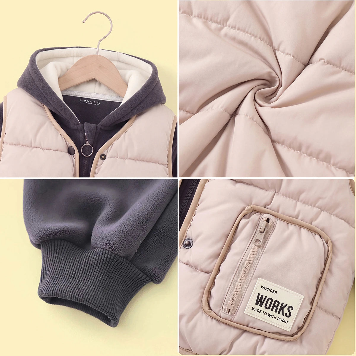 Boys Grey Fleece Hooded Zipper Jacket With Puffer Vest & Jogger Sets Sets