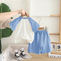 Boys Blue Dino Patchwork Raglan Sleeve T-shirt with Shorts Set Sets