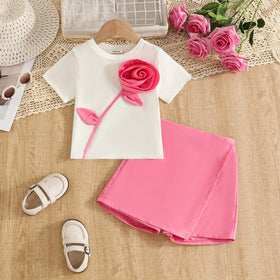 Girls 3D Rose Applique T-Shirt With Pink Skort Sets Sets Pink 2-3 Y