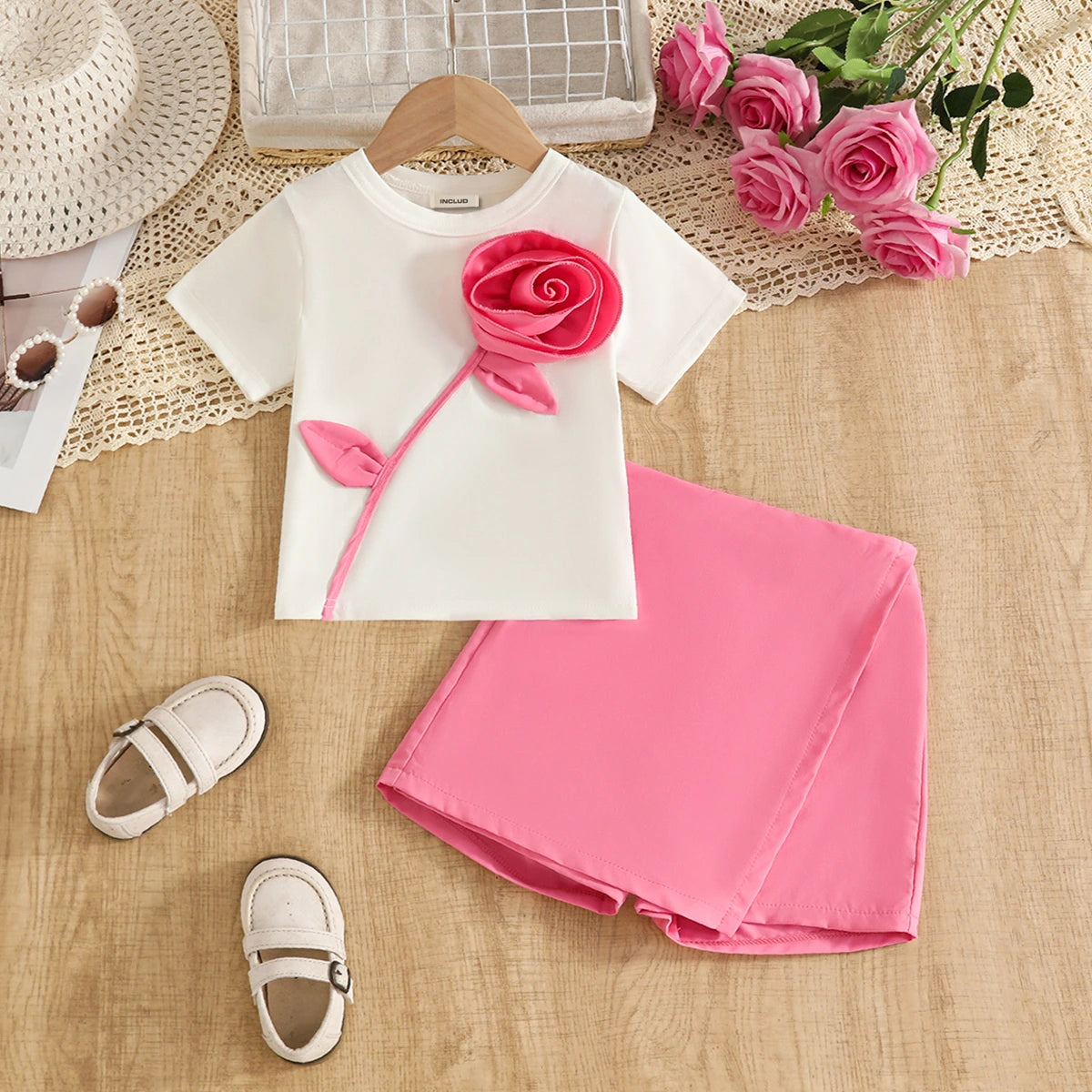 Girls 3D Rose Applique T-Shirt With Pink Skort Sets Sets Pink 2-3 Y