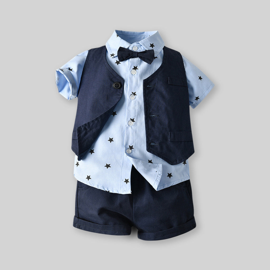 Boys Star Print Shirt With Sleeveless Jacket & Shorts Set