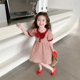 Girls Red Checked Short Sleeve Fit And Flare Dress with Bow
