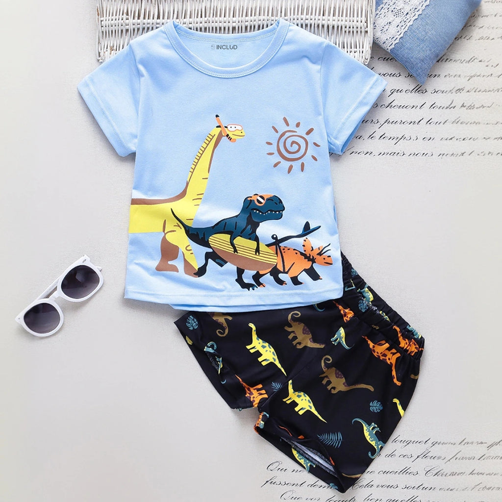 Boys Light Blue Dinosaur Print Short Sleeve T-Shirt With Shorts Sets 2 pc. Sets Light Blue 1-2 Y