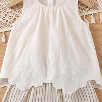 Girls White Sleeveless Scalloped Top With Striped Shorts Sets 2 pc. Sets