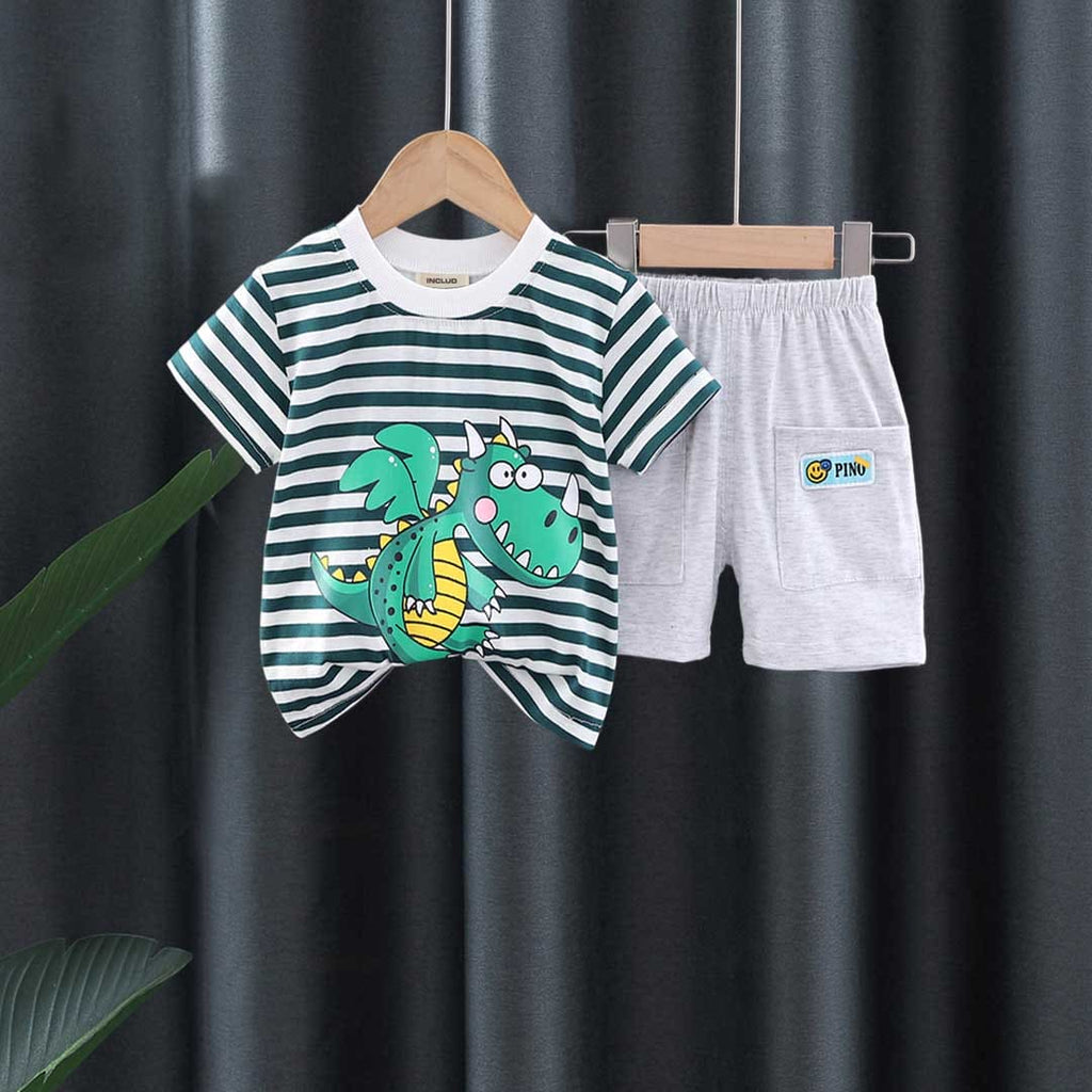 Boys Dinosaur Printed Striped T-shirt with Shorts Set