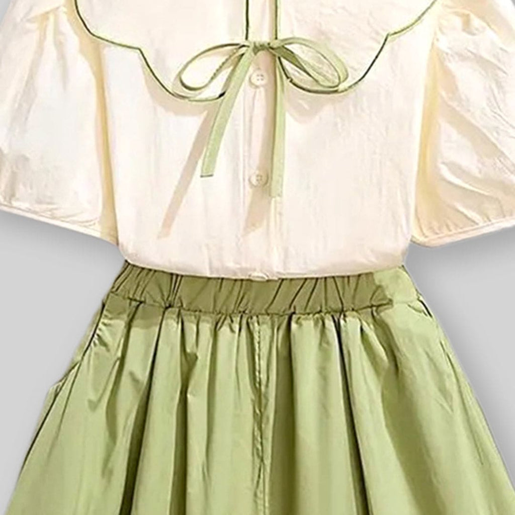 Girls Puff Sleeves Peter Pan Collar Top With Skirt Sets   