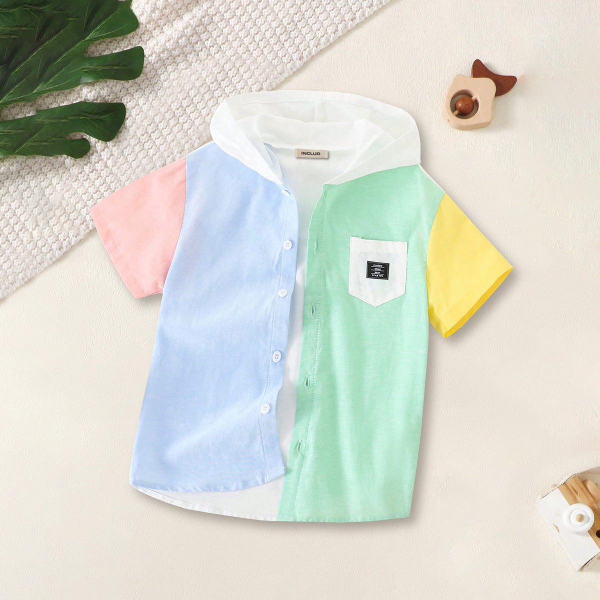 Boys Multicolored Color-locked Short Sleeves Hooded Shirt Shirts Multicolor 7-8 Y
