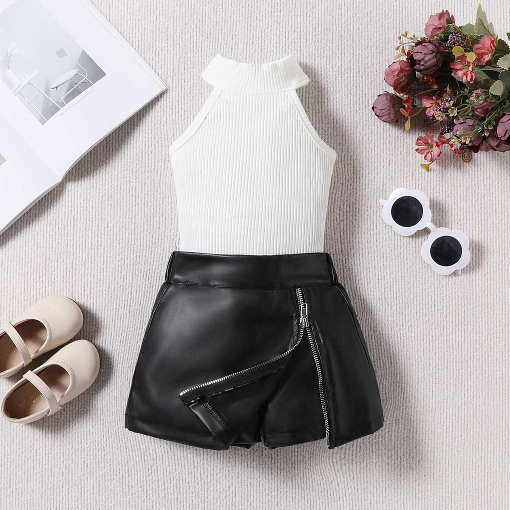 Girls Halter Neck Top With Faux Leather Skirt Set