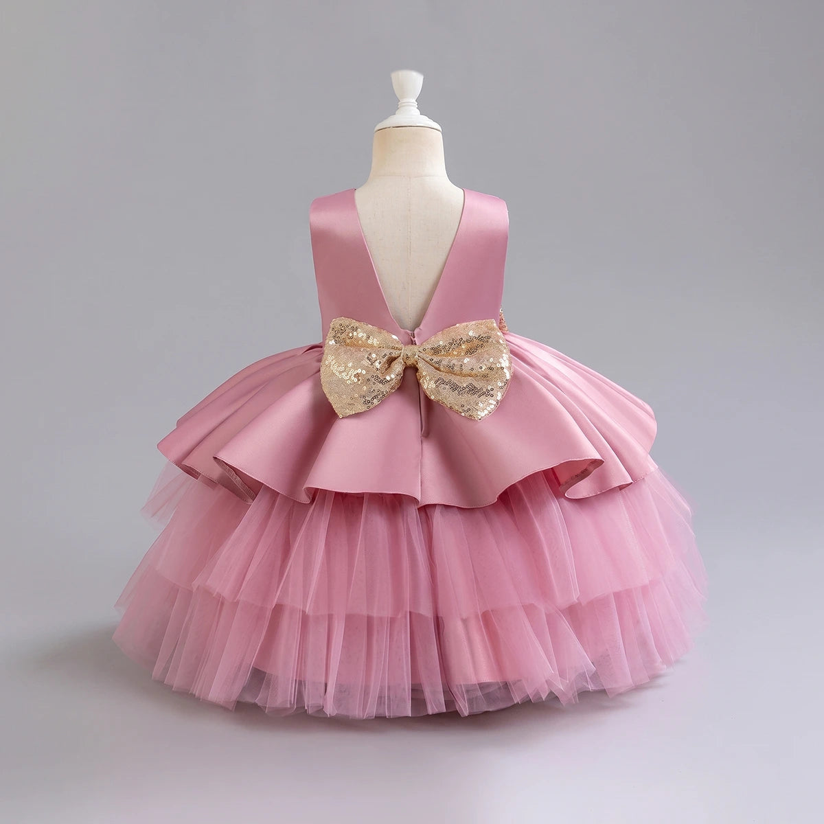 Girls Pink Flared Party Wear Dress With Sequin Bow Party Dresses