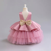 Girls Pink Flared Party Wear Dress With Sequin Bow Party Dresses