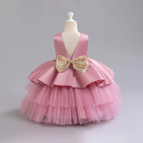 Girls Pink Flared Party Wear Dress With Sequin Bow Party Dresses