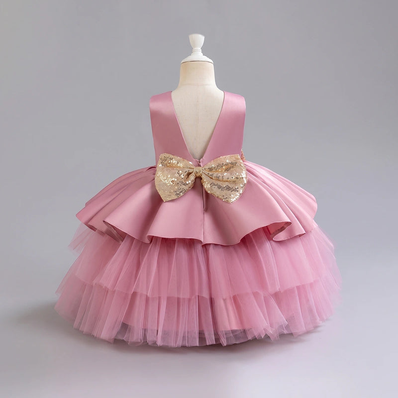Girls Pink Flared Party Wear Dress With Sequin Bow Party Dresses