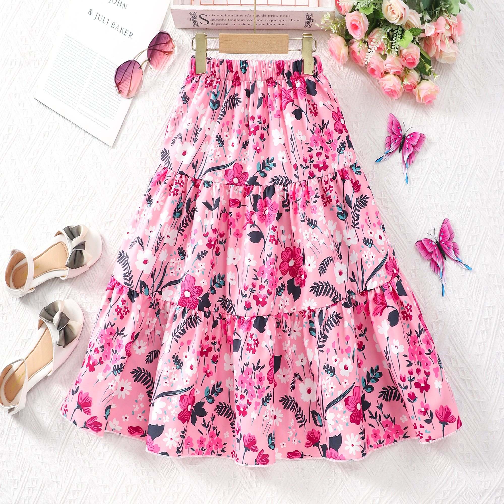 Girls Pink Floral Printed Long Elasticated Skirt Skirts Pink 7-8 Y