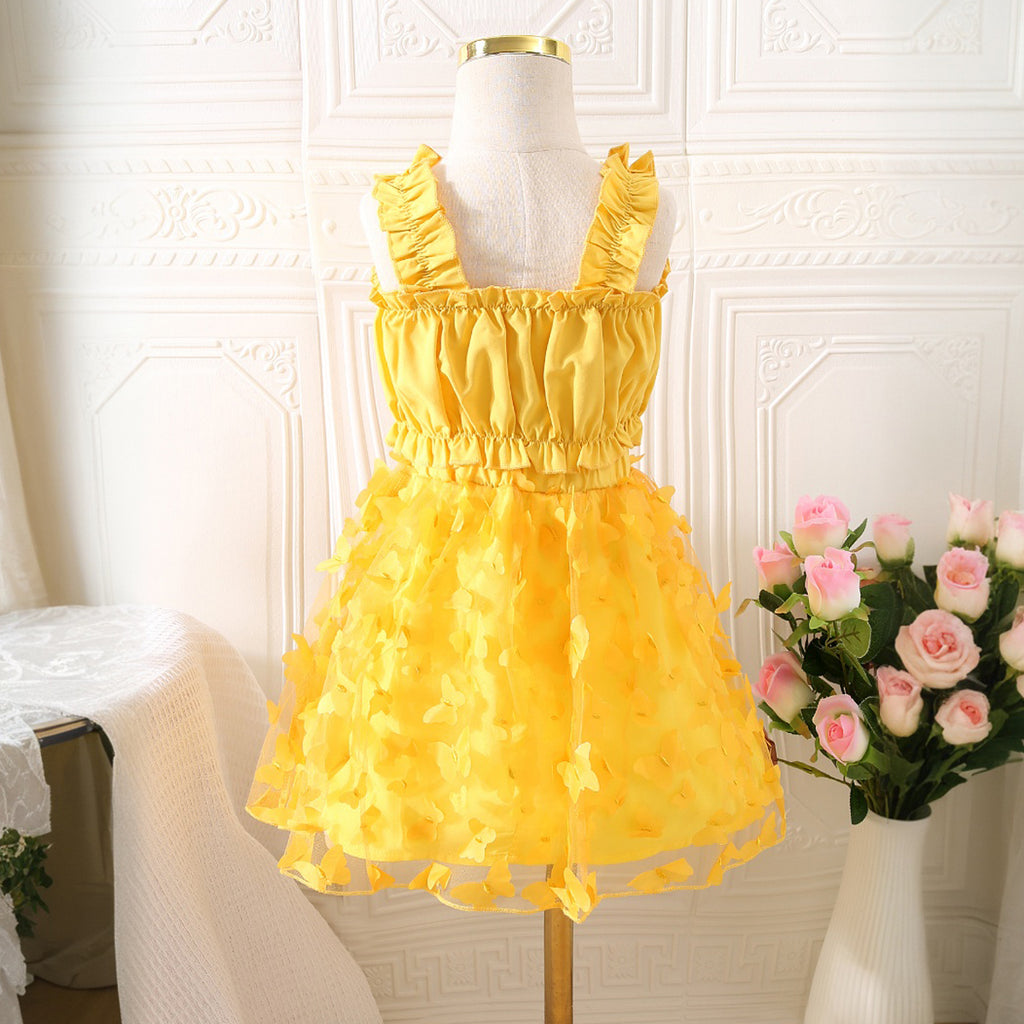 Girls Yellow Shoulder Strap Crop Top With Butterfly Applique Skirt Set 2 pc. Sets