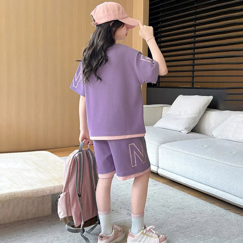 Girls Purple Typographic Printed Oversized T-Shirt With Shorts Set Sets