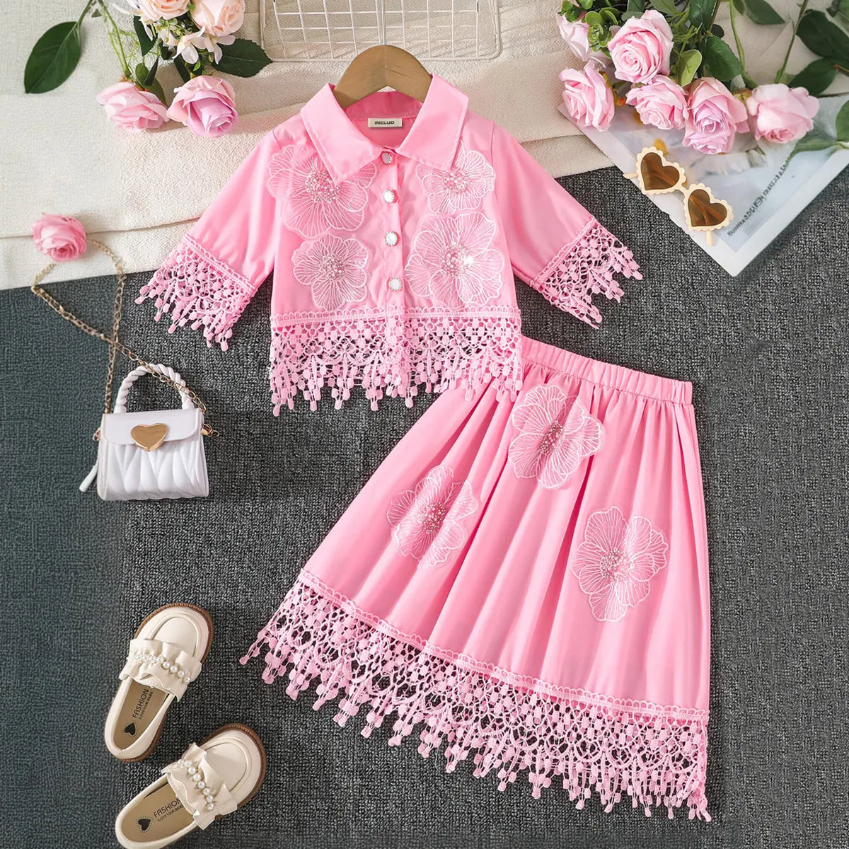 Girls Pink Floral Embroidered Top With Skirt Co-ord Sets Sets Pink 2-3 Y