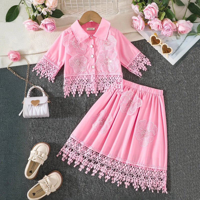 Girls Pink Floral Embroidered Top With Skirt Co-ord Sets Sets Pink 2-3 Y