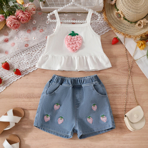 Girls Pink Strawberry Embroidered Peplum Top With Denim Shorts Sets Sets Pink 3-4 Y