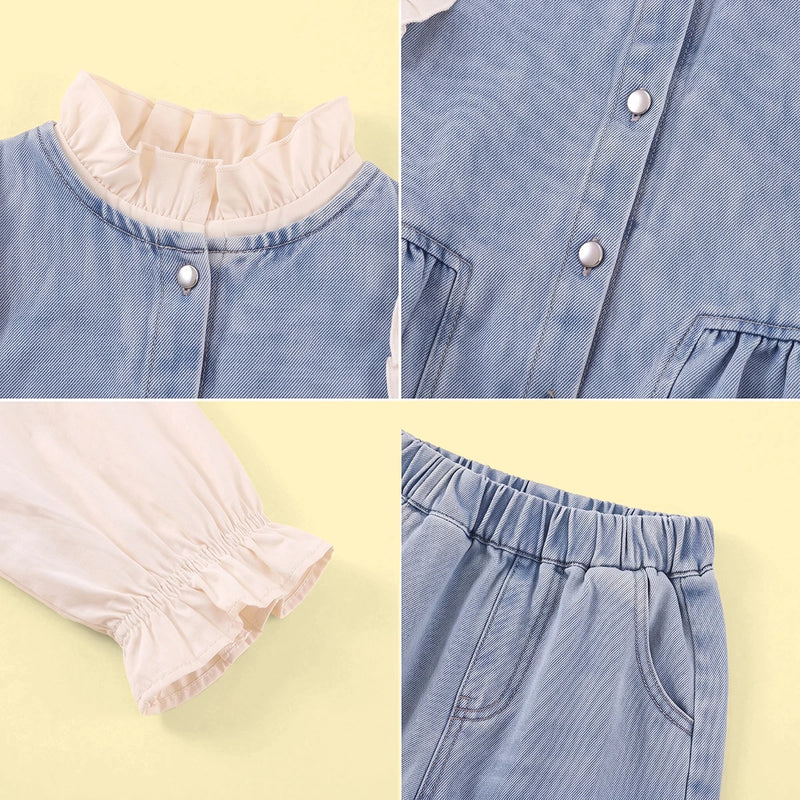 Girls Blue Sleeveless Denim Vest With Top And Denim Pants Sets 3 pc. Sets